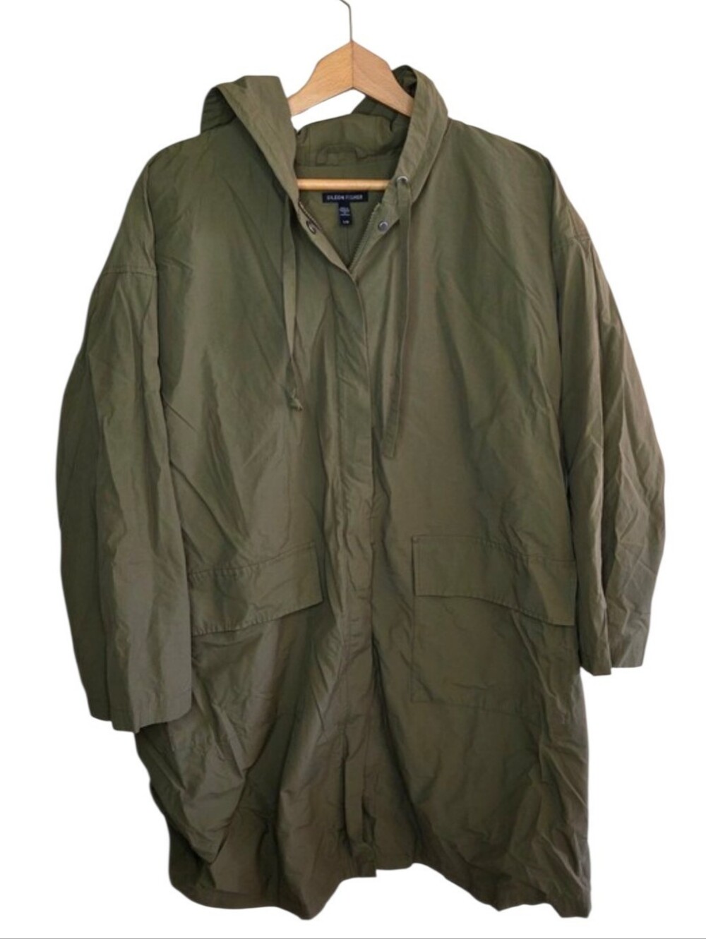 Eileen Fisher Olive Green Hooded Cotton Nylon Blend Zip Jacket Size Large